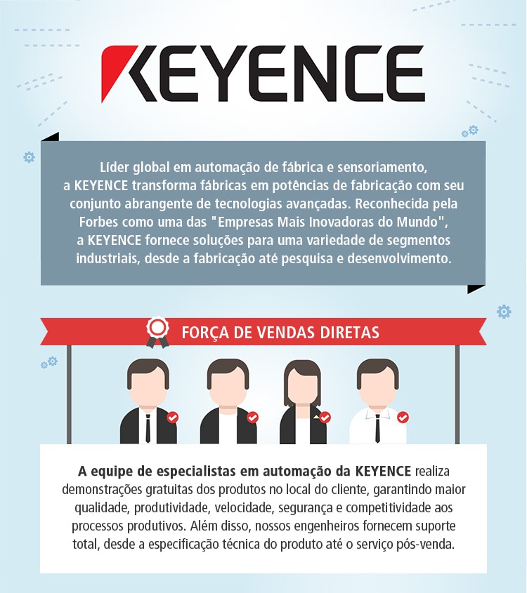 Líder global em automação de fábrica e sensoriamento, a KEYENCE transforma fábricas em potências de fabricação com seu conjunto abrangente de tecnologias avançadas. Reconhecida pela Forbes como uma das "Empresas Mais Inovadoras do Mundo", a KEYENCE fornece soluções para uma variedade de segmentos industriais, desde a fabricação até pesquisa e desenvolvimento. Força de vendas diretas A equipe de especialistas em automação da KEYENCE realiza demonstrações gratuitas dos produtos no local do cliente, garantindo maior qualidade, produtividade, velocidade, segurança e competitividade aos processos produtivos. Além disso, nossos engenheiros fornecem suporte total, desde a especificação técnica do produto até o serviço pós-venda.